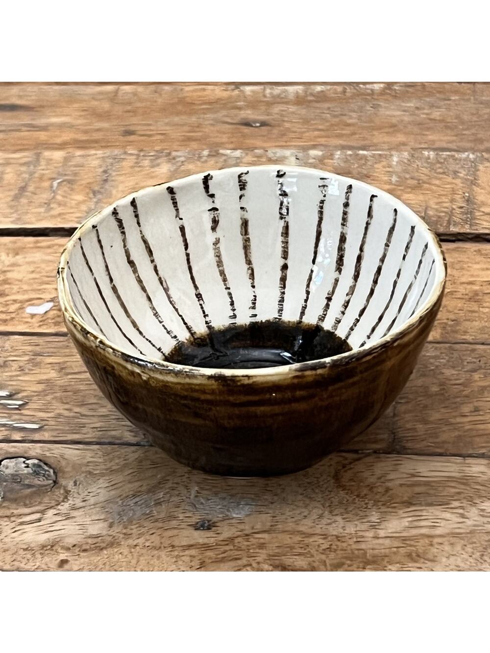Art Studio Pottery Bowl 3.7" Striped Brown & White Glazed